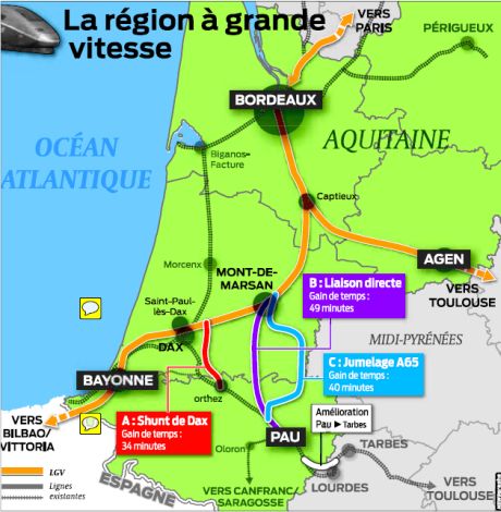 Une voie nouvelle partant de la LGV entre Mont-de-Marsan et Dax rejoindrait ... Cliquez pour voir ...